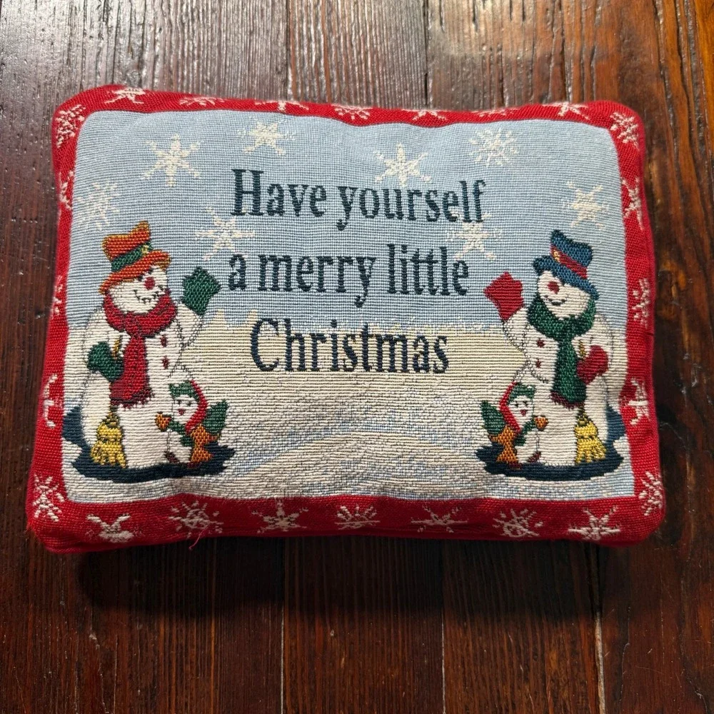 VTG Tapestry Throw Pillow Snowman Have‎ Yourself a Merry Little Christmas 12x9